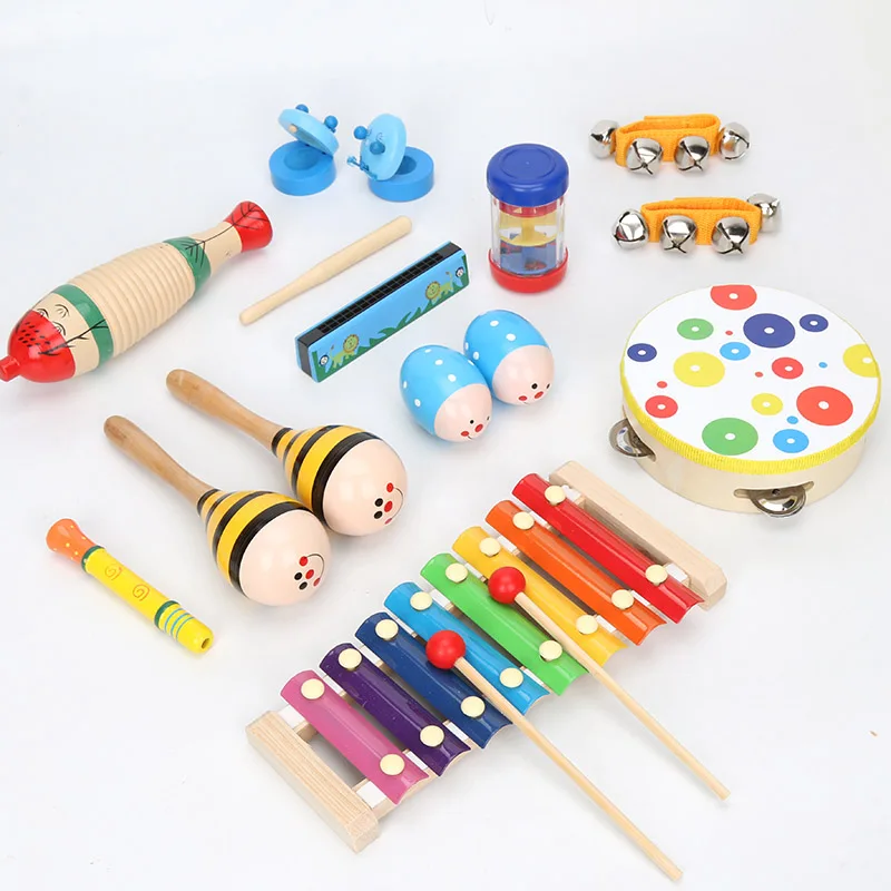 10pcs Musical Instruments Toys Set for Toddlers Wooden Orff Musical Percussion Instruments Preschool Eco Friendly Drum Set