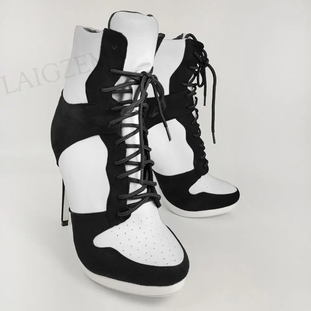 LAIGZEM Quality Women Ankle Boots Colorful Patchwork High Heels Boots Ladies Botines Shoes Woman Botas Mujer Big Size 38 39 47