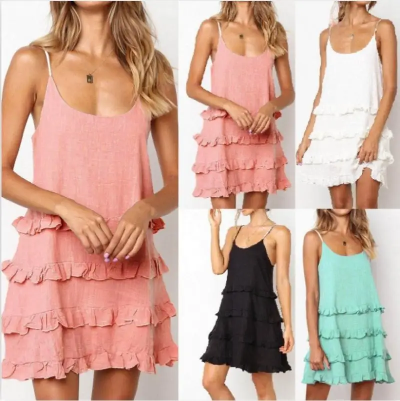 Summer women's dress casual sling lotus leaf lace stitching solid color beach pleated dress