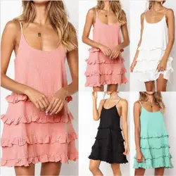 Summer women's dress casual sling lotus leaf lace stitching solid color beach pleated dress