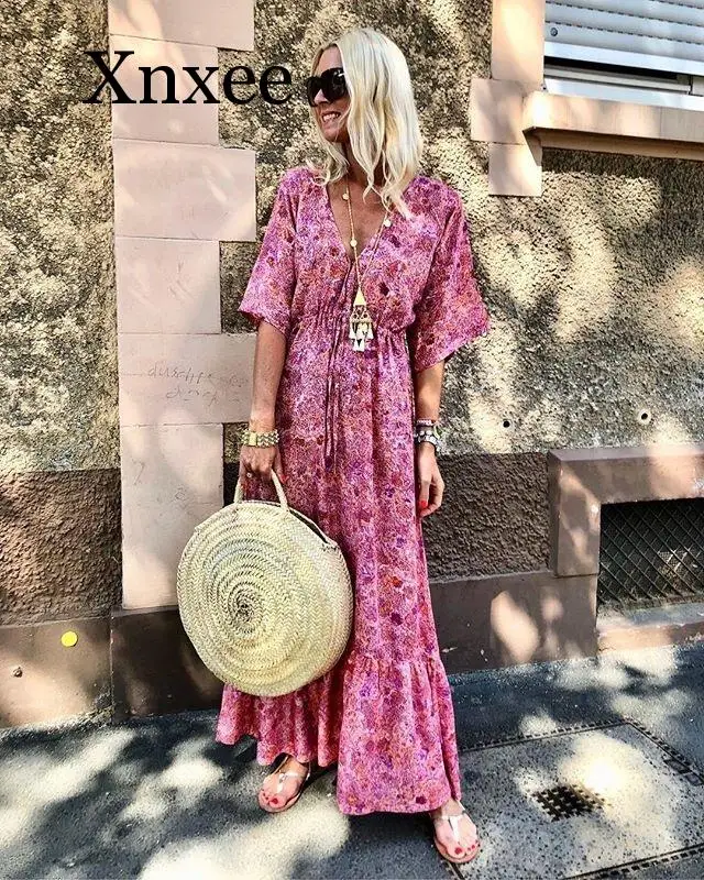 Pink  Fashion Waist Tie Printed Holiday Dress Long Beach Bobo Dress Summer Short Sleeve Floral Dress Ankle Length V Neck Loose