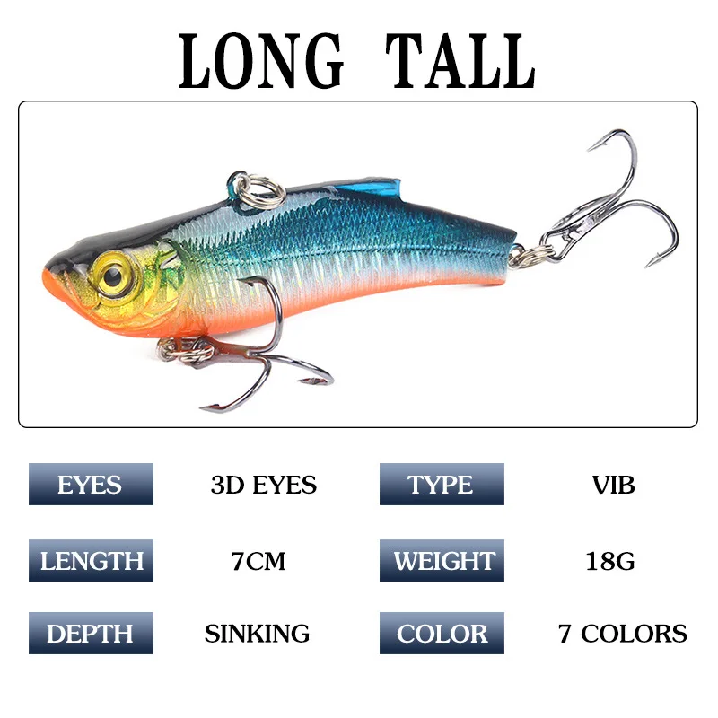 1PCS 7cm/18g Winter Sea Hard Fishing Lure VIB Bait 3D Eyes With Lead Inside Diving Swivel Jig Wing Sinking Wobbler Crankbait