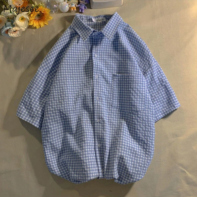 

Shirts Women Plaid All-match Summer Vintage Japanese Style Fashion Students Streetwear Turn-down Collar Pockets Female Tops Fit