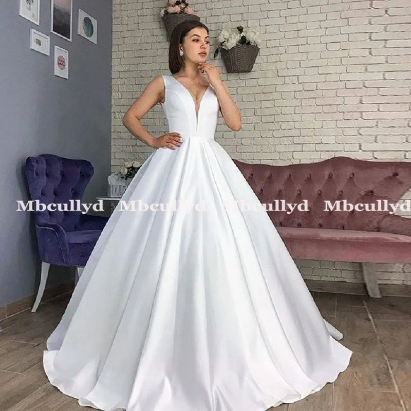 Mbcullyd-Vestido de novia de satén con cuello en V, elegante, de novia, con Espalda descubierta, talla grande, 2023