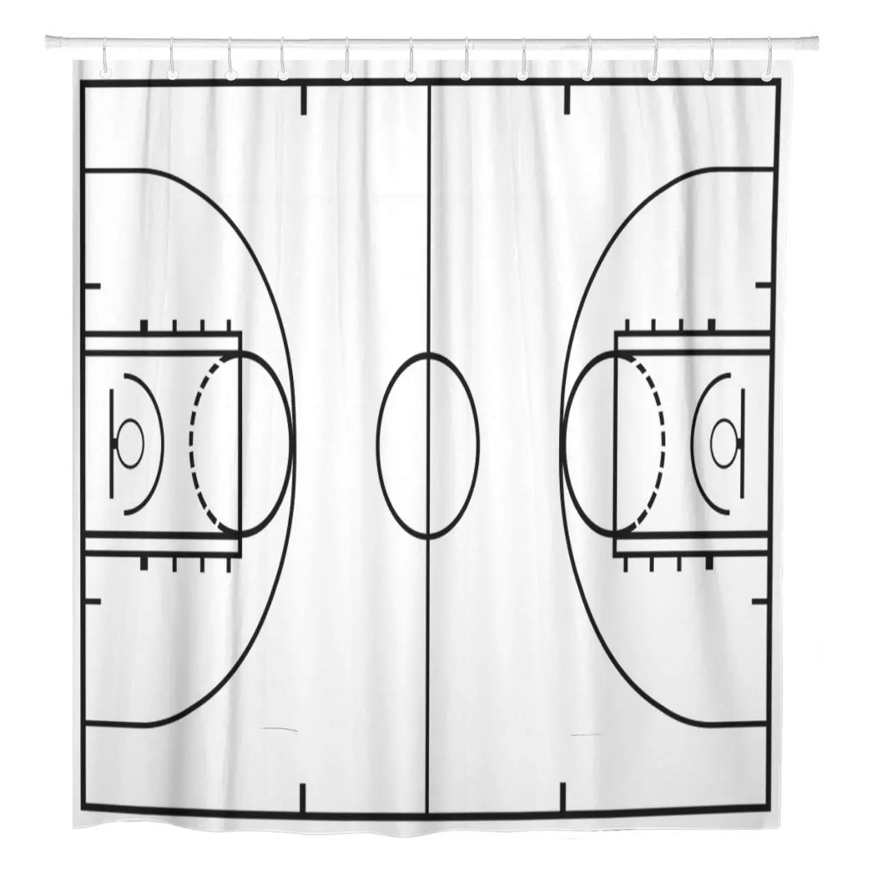 Sport Basketball Court Field Drawing Black Basket Ball Shower Curtain Waterproof Fabric 72 x 78 Inches Set with Hooks