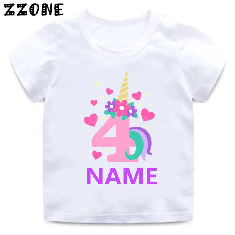 Custom Name Birthday T shirt Cute Unicorn Number 1-10 Cartoon Girls T-shirt Summer Baby Children Tops Funny Kids Clothes,HKP5399