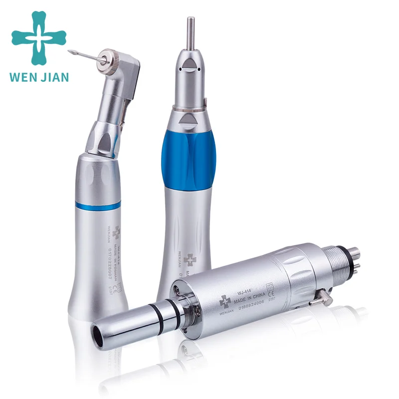 WenJian Dental Straight Hand Piece Push Button Contra Angle 4 Hole Air Motor Low Speed Handpiece External Water Kit Set Dentist