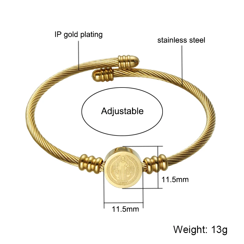 Catholic St. Benedict Geometric Medal Wire Bangles For Statement Stainless Steel San Benito Pulseras Mujer