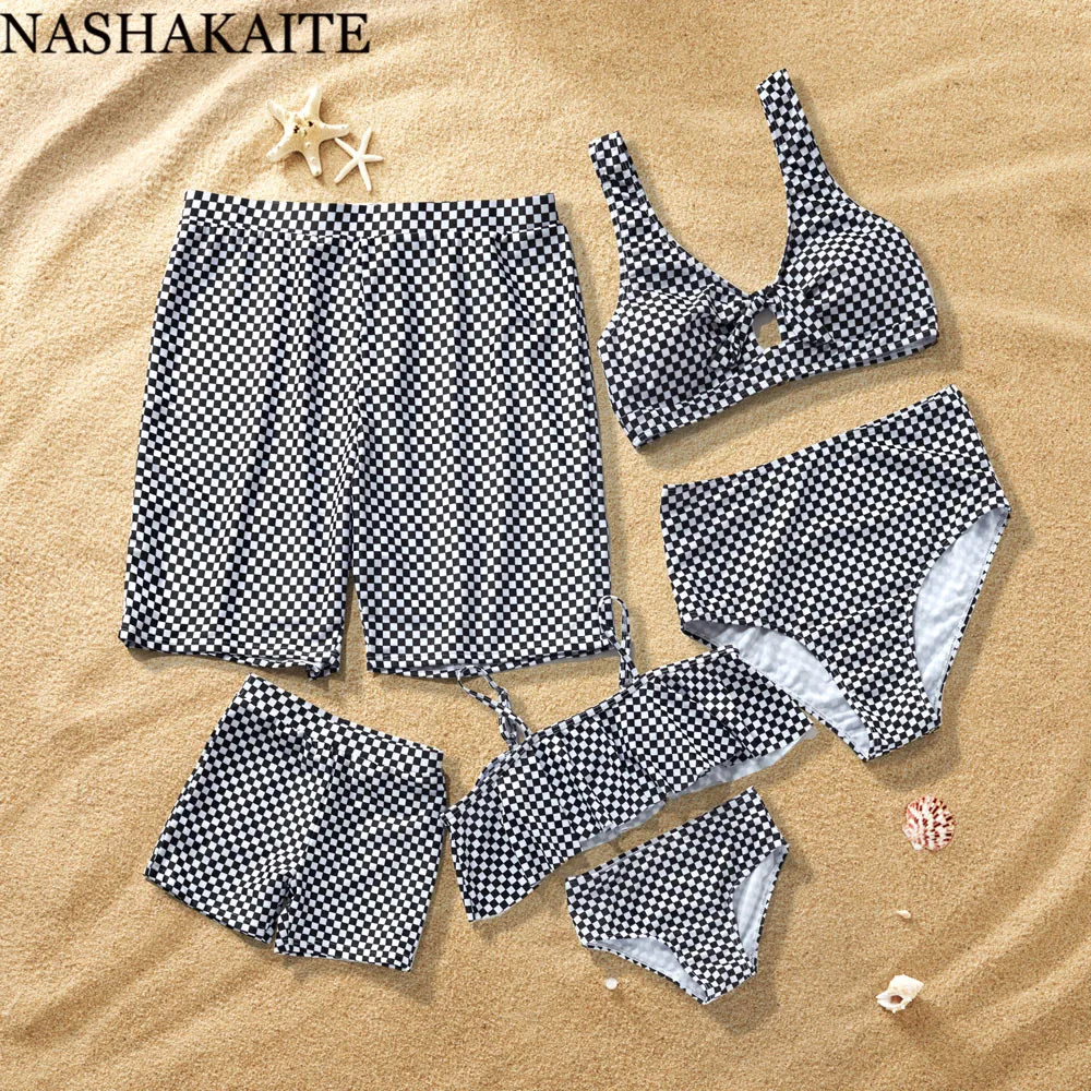 NASHAKAITE Family Swimsuits 2020 New Classic Plaid Bow-knot Swimwear For Mom and Daughter Dad and Son Beach Shorts Family Look