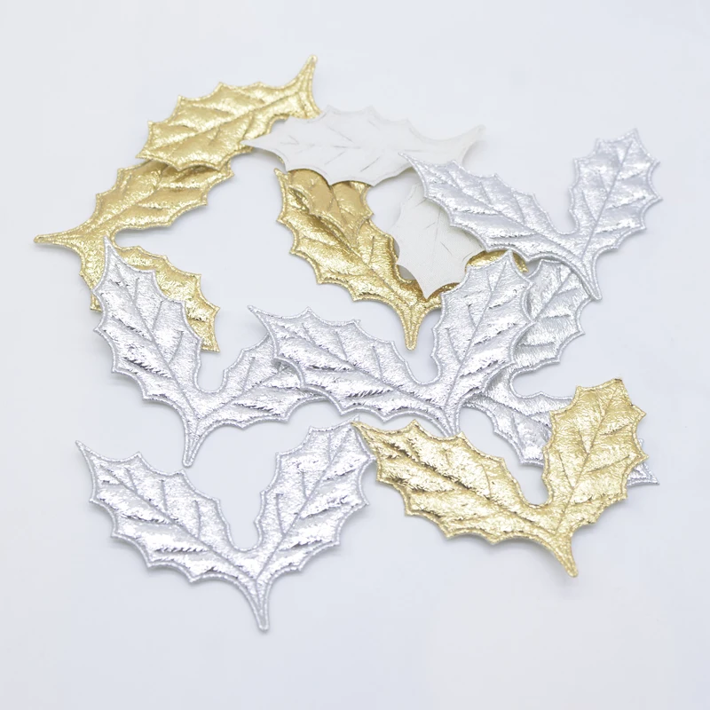 50Pcs Gold and Silver Cloth Holly Leaves Appliques for DIY Christmas Hat Clothes Sewing Patches Decor Scrapbook Craft Decorative