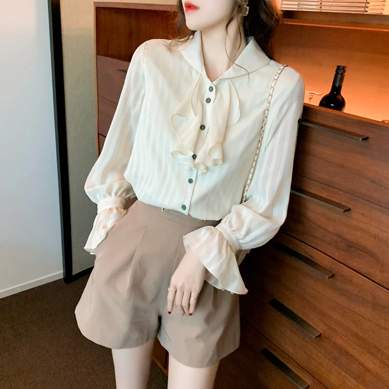 Top Femme 2021 Spring and Autumn New French Shirt Women Retro Petal Sleeve Chiffon Shirt Top Lapel Ruffle Button Fashion Blouses