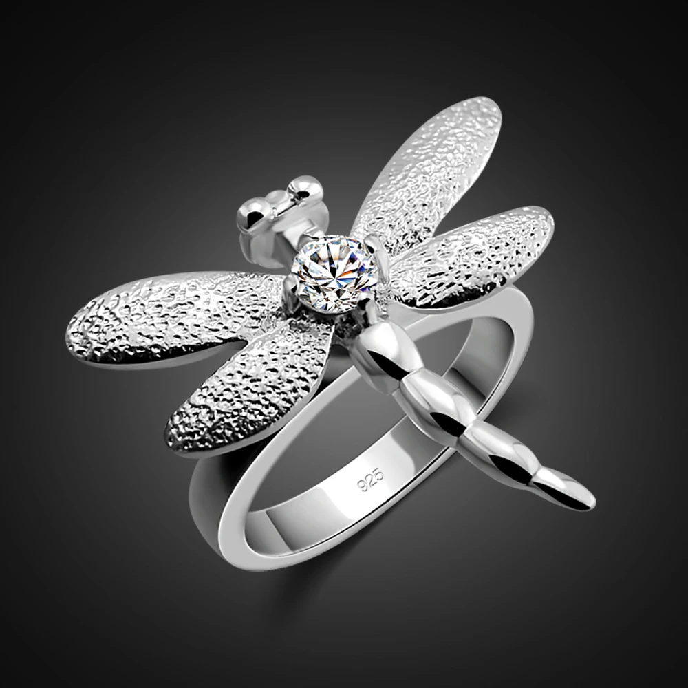 

High Quality Authentic 925 Sterling Silver Gleaming Lovely Dragonfly Ring Woman Zircon Ring Charm Jewellery for Formal Occasions
