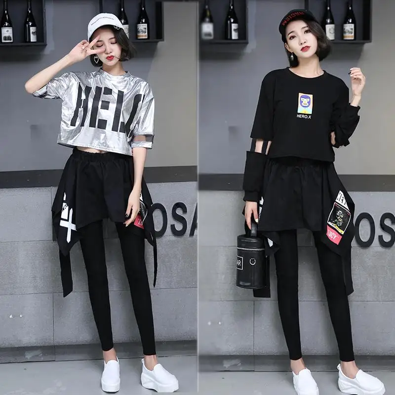 2021 Gestapelde Vrouwen Leggings Set Jazz Kostuums Vrouwelijke Maillots Pak Nep Twee Stuk Hip Hop Broek Leiderschap Stretchy broek