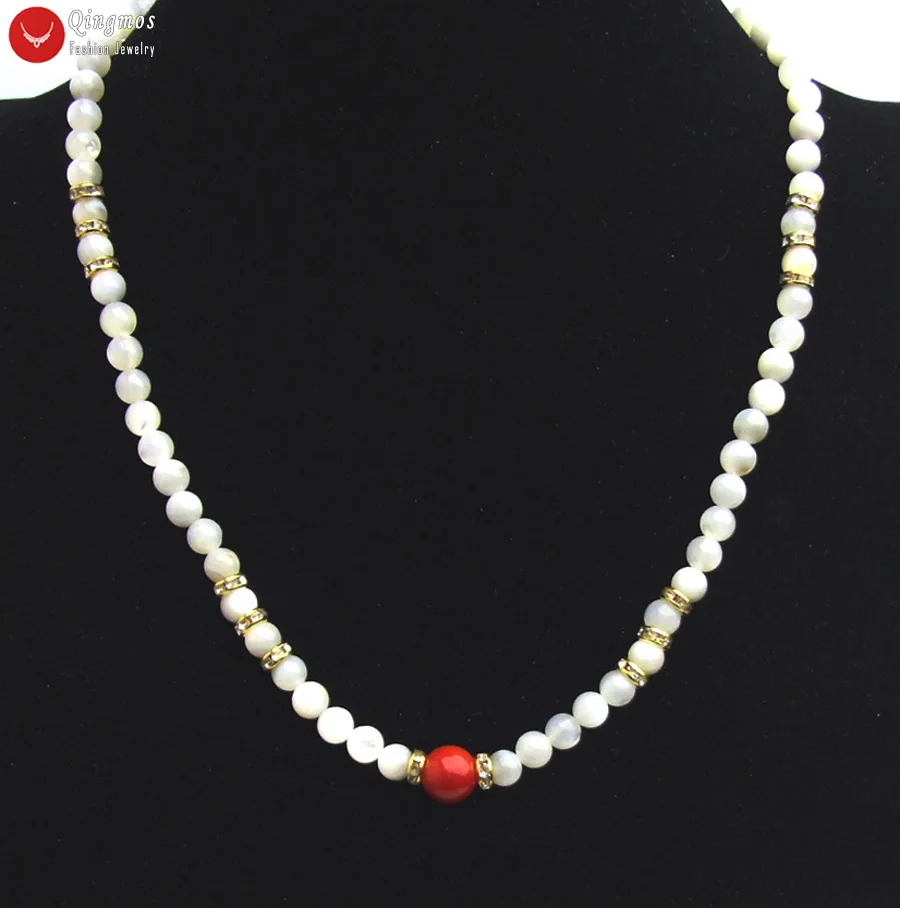 Qingmos Fashion Natural 10mm Round Red Coral Pendant Necklace for Women with 6mm White Shell Beads 18\