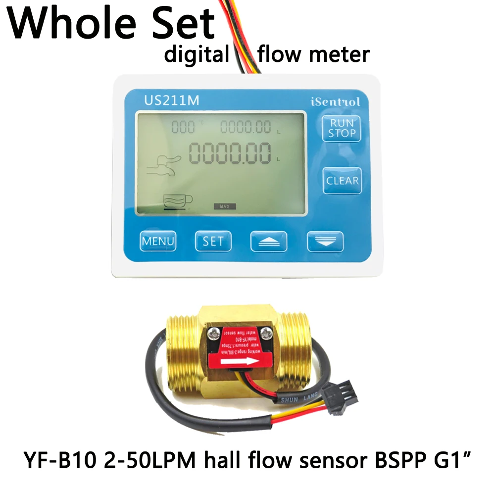 

US211M Digital Water Flow Meter with Fine Brass G1" YF-B10 2-50L/min Hall Water Flow Sensor Reader Saier iSentrol Dijiang