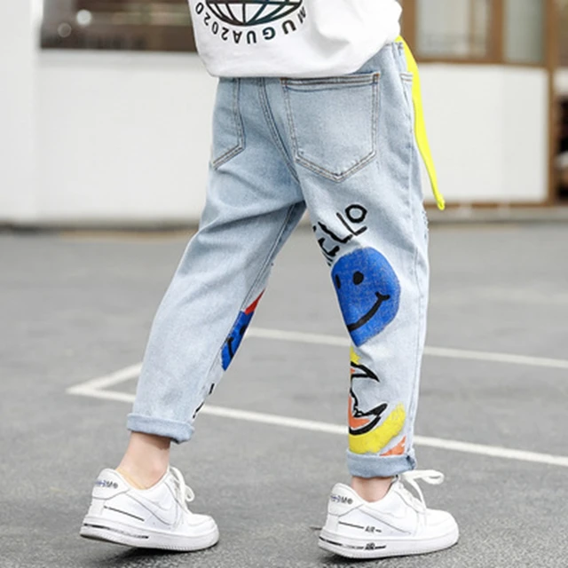 Hot Deals Jeans For Teenage Girls Kids 8 12yrs High Quality Graffiti Painting Print Casual Pants With A Rainbow Cartoon Trousers Kids Jeans AliExpress