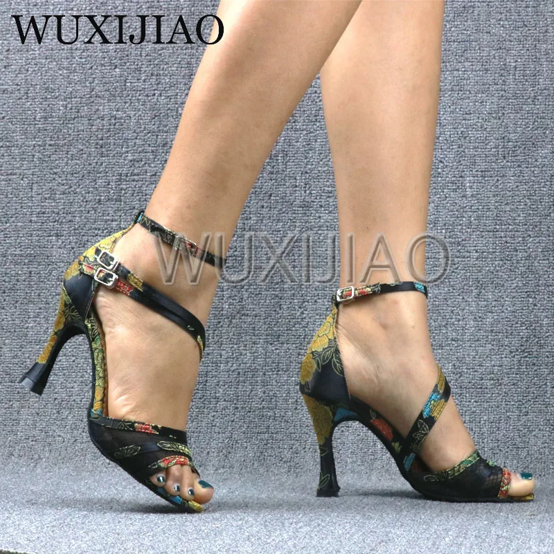 WUXIJIAO-Sandalias de tacón alto con correa cruzada para mujer, zapatos de gamuza de malla negra, cómodos, para baile latino y salsa