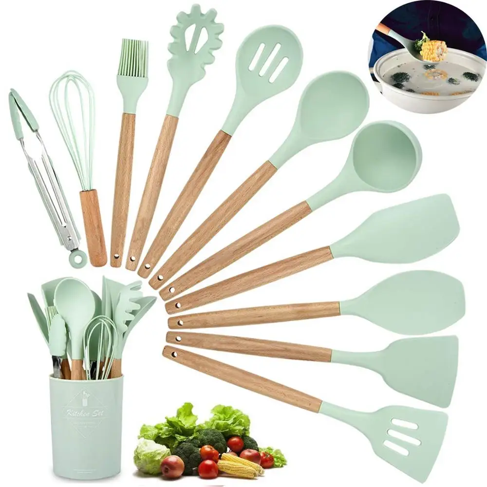 LMETJMA Silicone Cooking Utensils Set - 446°F Heat Resistant Kitchen Utensils Set Turner Tongs Spatula Spoon Brush Whisk JT888