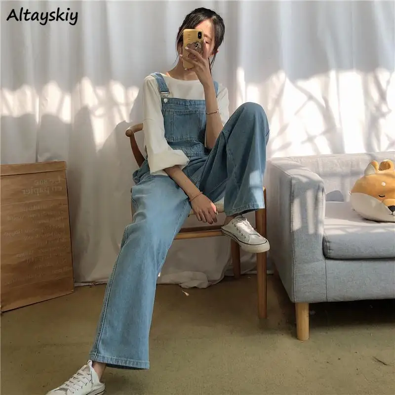 Women Jumpsuits Korean Style Loose Straight Denim Wide Leg Trousers College Ulzzang Chic Mopping Cozy Streetwear Slim Overalls