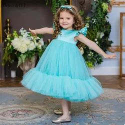 Vestido Tutu para Bebés, Decote Redondo, Comprimento Chá, Cetim, Tule, Vestido para Menina Flor, Vestido de Batizado Infantil