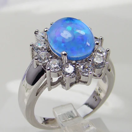 Frauen Messing Oval Simuliert Blauen Opal Damen Ring Band