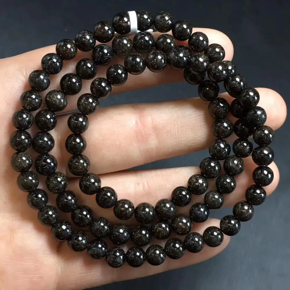 

Natural Black Copper Rutilated Quartz Titanium 3 Laps Bracelet Crystal 6.4mm Women Men Round Beads Wealthy Stone Brazil AAAAA