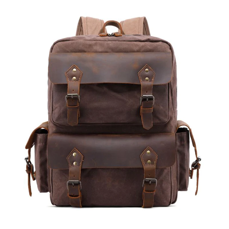 

Vintage Waterproof Waxed Canvas Men's Backpack teenage School Bag Women Rucksack Genuine Leather Backpack Travel large knapsack