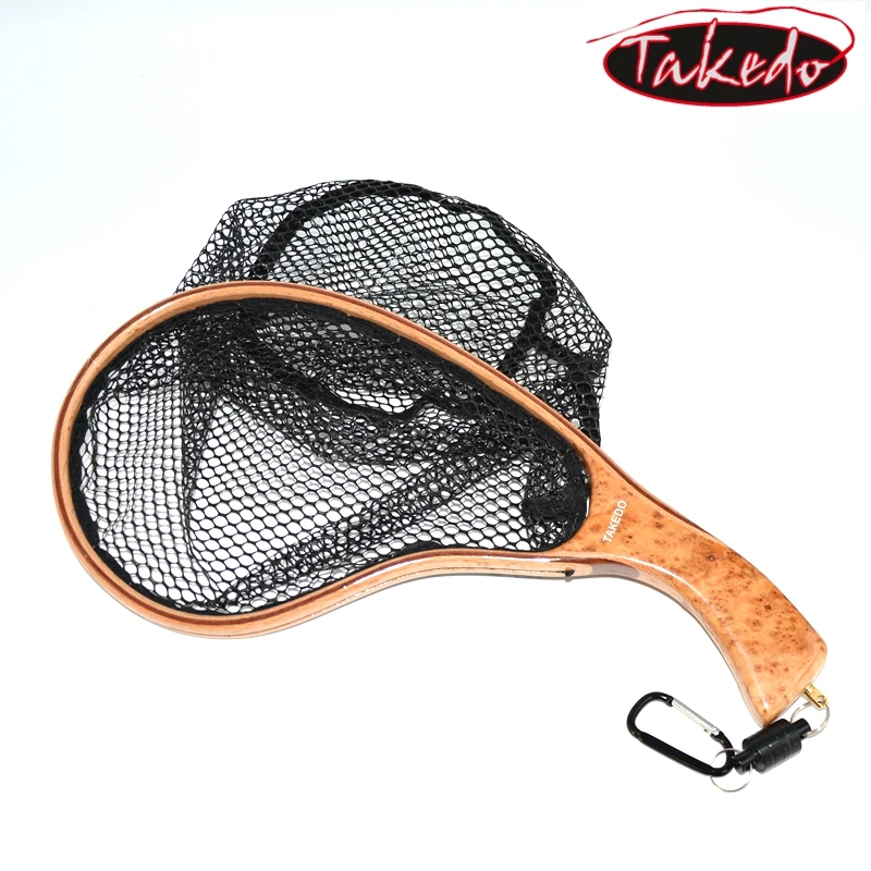 TAKEDO TKL004 Fly Fishing Net Landing Net Soft Rubber Mesh Trout Net Waterproof Wooden Handle Catch and Release Net