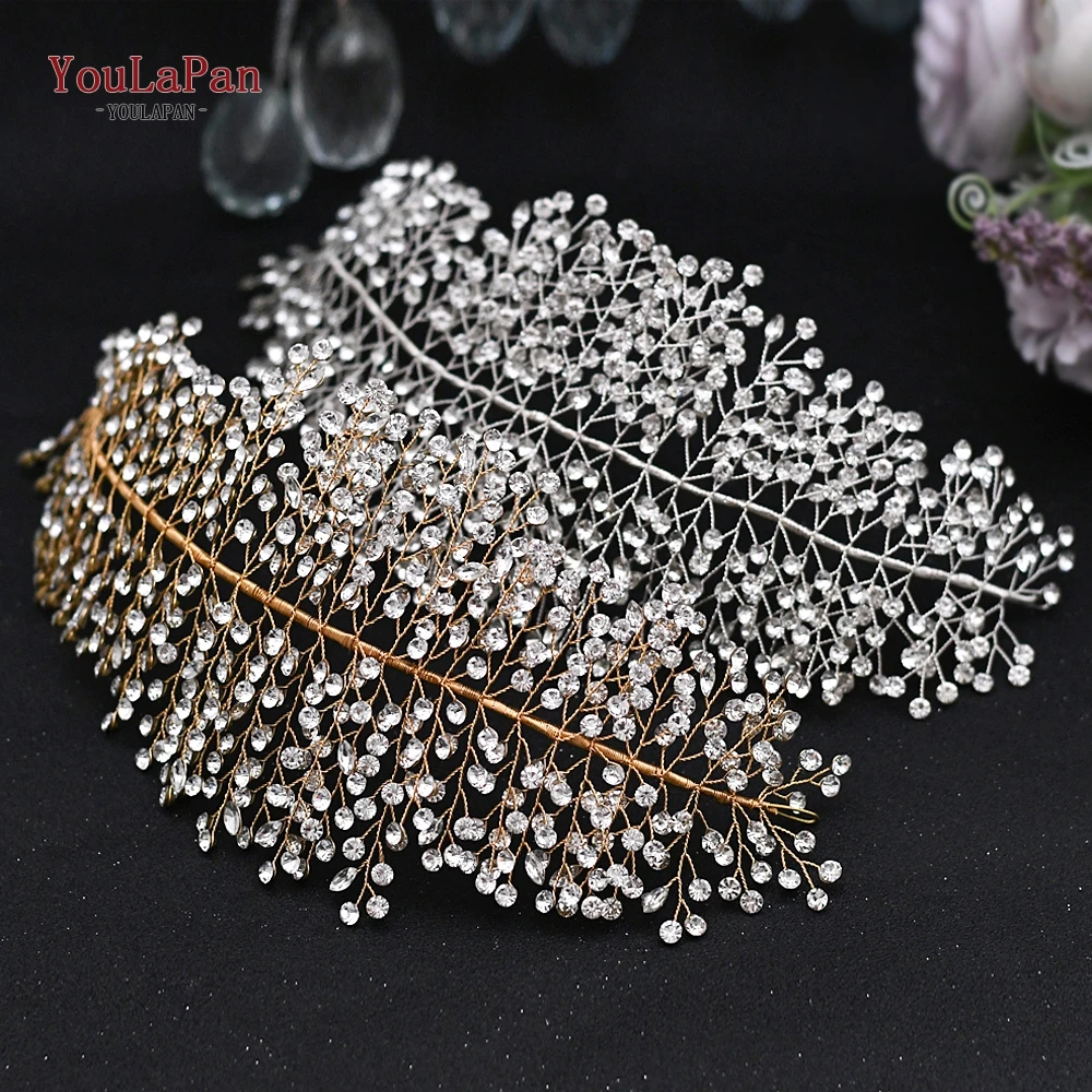 Youlapan tiara de casamento feita à mão com strass, bracelete de cristal prateado dourado com pedraria, joias para cabelo hpfrutas