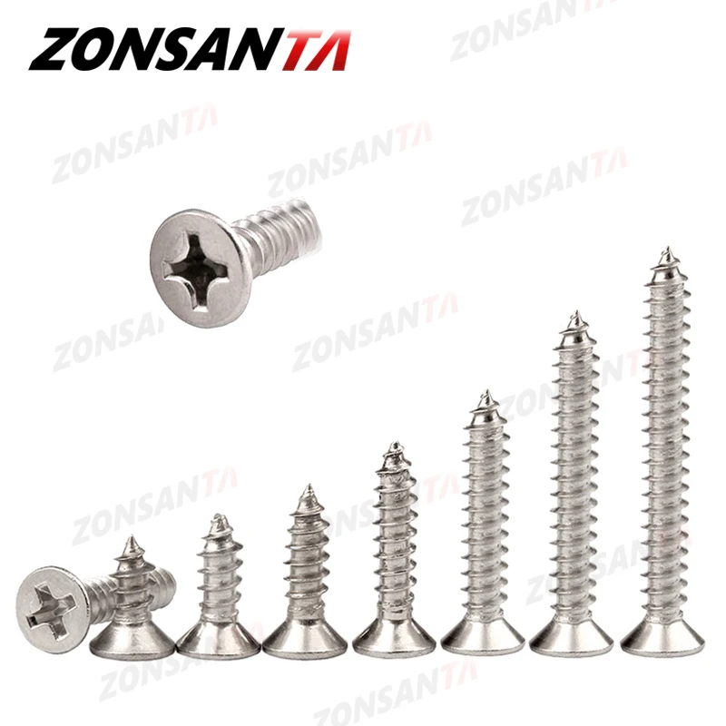 ZONSANTA M1.4 M1.7 M2 M2.3 M2.6 M3 M4 M5 M6 304 Stal nierdzewna Śruby z łbem stożkowym wpuszczanym krzyżowo Śruba do drewna