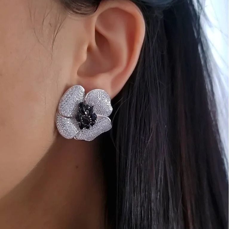 Promotion High quality micro pave blue black cubic zirconia cz bloom flower Big cz flower cz women earring 2022 spring new