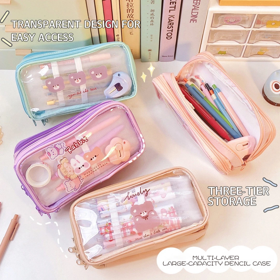 

Large Cute Pencil Case Big Pencil Bag Cartoon Makeup Bag School Supplies Transparent Storage Stationery Bear Clear Pencil Pouch