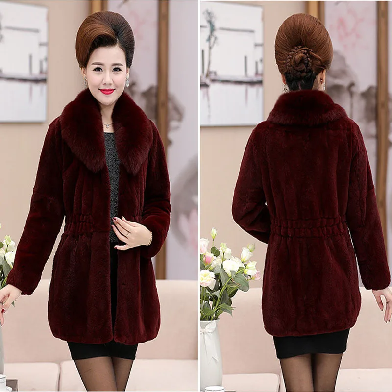 Imitation water velvet fur coat female 2023 autumn winter new fashion medium long fox fur collar waist slim jacket women