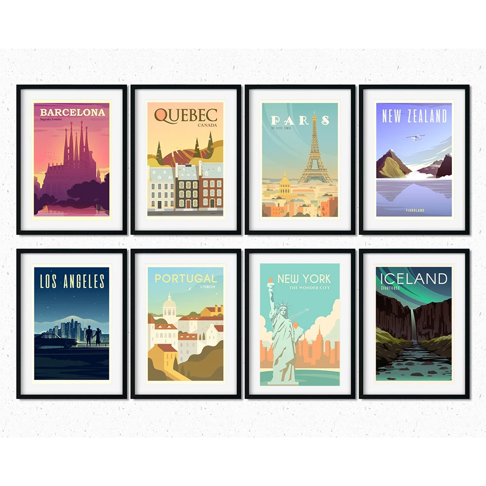 

Paris New York Europe World City Tour Travel Scenery Vintage Landscape Poster Prints Wall Art Canvas Painting Room Home Decor