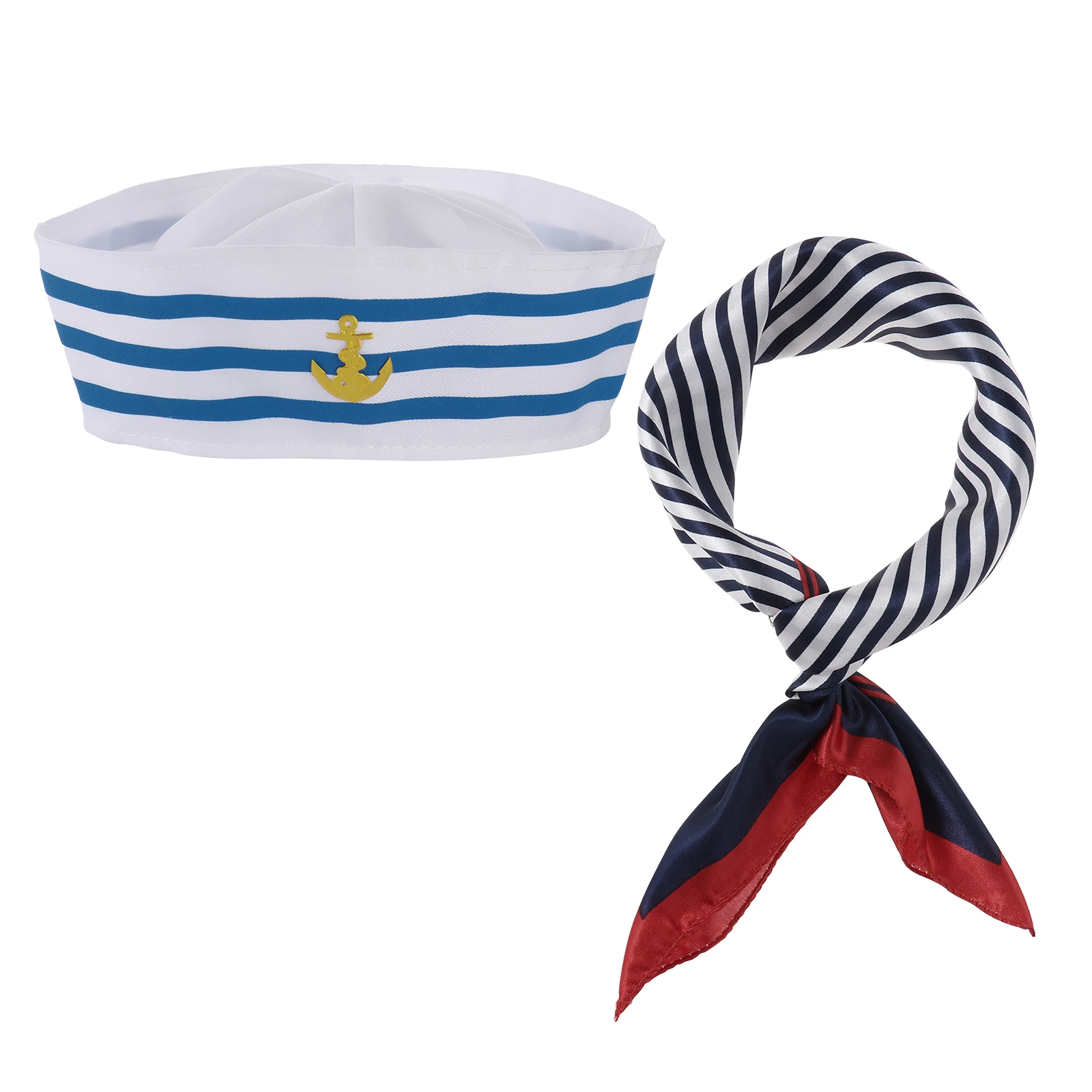 Women Business Wear Stewardess Cosplay Striped Satin Small Square Scarf with Carnival Party Navy Sailor Cap Captain Police Hat