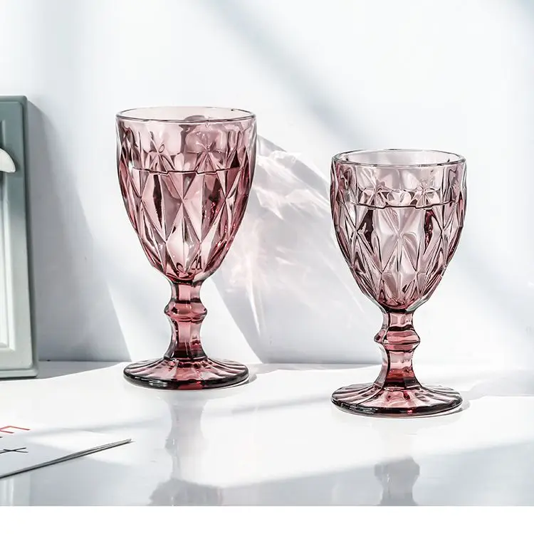 250ml Colored Goblet Wine Water Glass Machine Pressed Clear Blue Pink Grey Glass Goblets Vintage Glass Cup