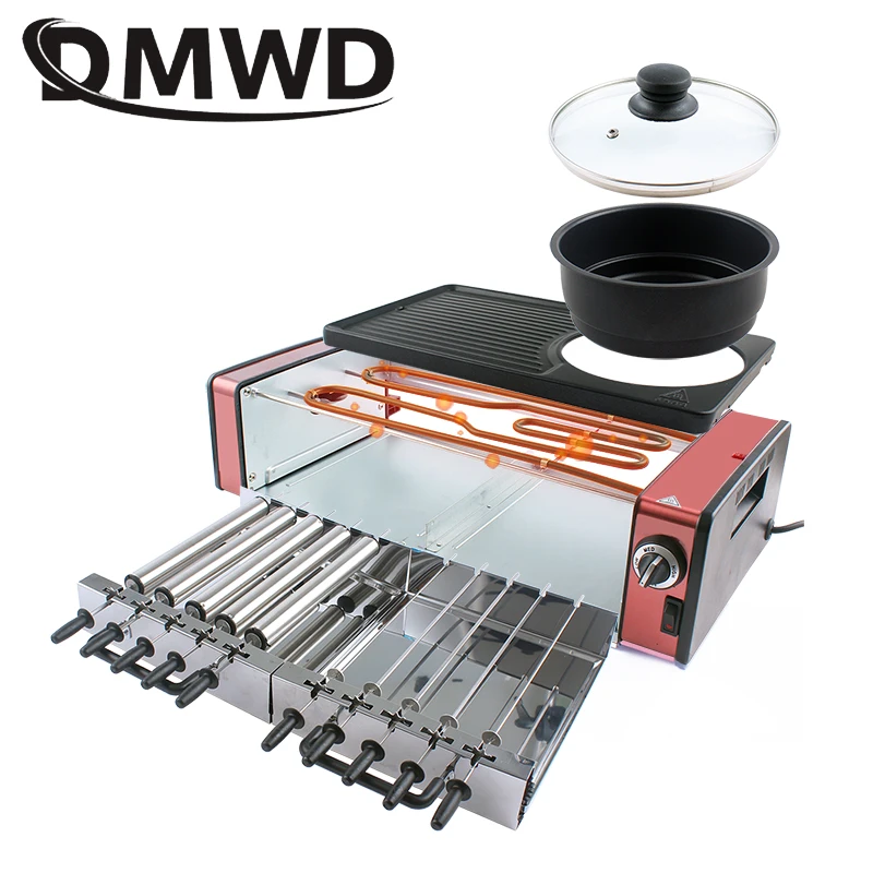 Multifunction Electric Skewer Griddle Hot Pot Barbecue Grill Elecitrc BBQ Kebab Rotary Grill Stove Rotisserie Teppanyaki Fry Pan