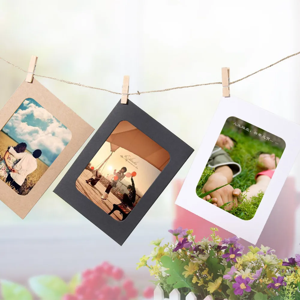 10 Pcs Combination Paper Frame with Clips DIY Kraft Paper Picture Frame Hanging Wall Photos Album 2M Rope Home Decoration Craft