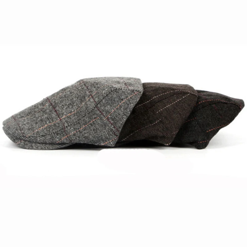HT1329 Berets for Men Autumn Winter Men Cap Wool Beret Hat Retro Plaid Advanced Flat Cap Classic Vintage Striped Beret Cap