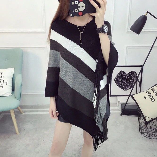 Pull Femme Autumn Winter Women Tassel Knitted Sweater Poncho Sexy Striped V Neck Irregular Hem Casual Loose Pullover Coffee