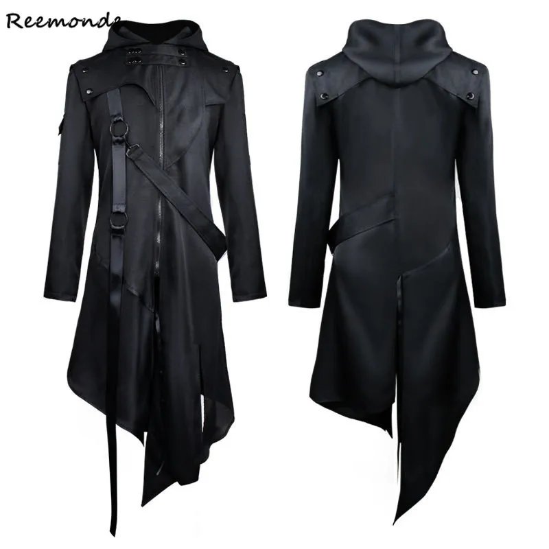 Disfraz Medieval para hombre, gabardina gótica Victoriana, Chaqueta larga negra Steampunk, sudaderas con capucha, abrigo de diseño Irregular,