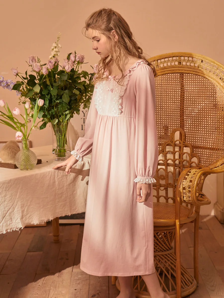 Vintage Delicate Lace Women\'s Nightgowns Royal Spring Autumn Princess Loose Sweet Long Sleepwear Holiday Dress