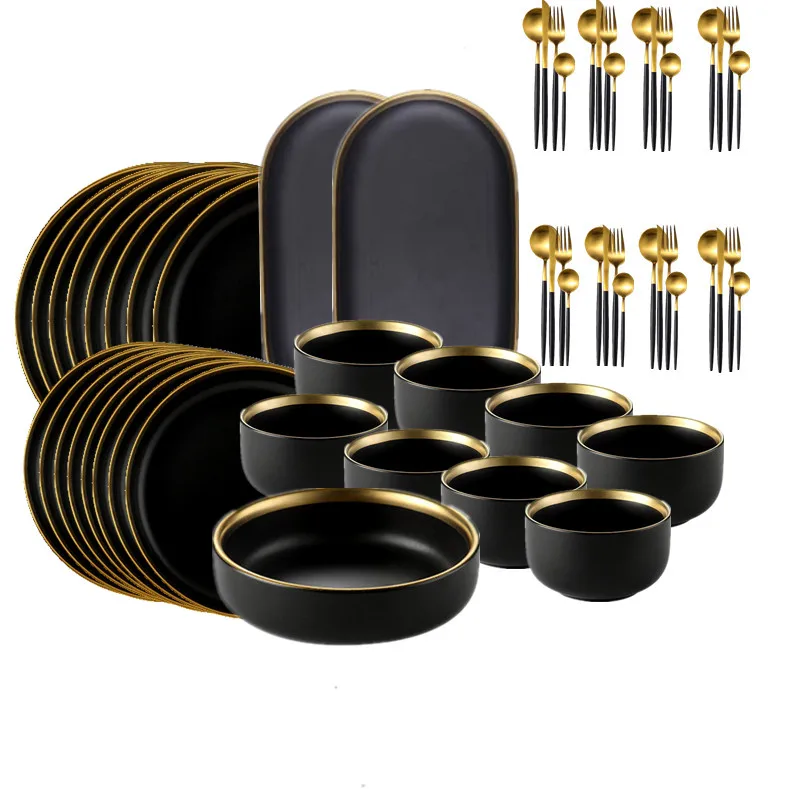 For1/ 4/6/8 Personal Black Porcelain Dinner Plates Set Ceramic Tableware Food Dishes Rice Salad Noodles Bowl Wiht Cutlery Set