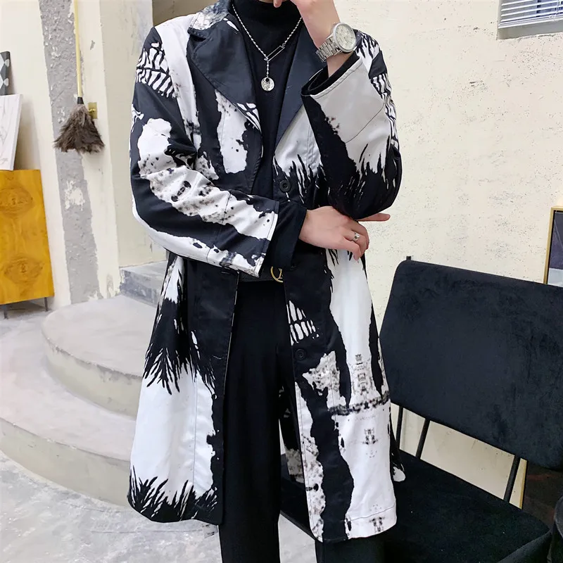 Black And Men White Printing Trench Coat Streetwear Fashion Hip Hop Casual Jacket Autumn Outerwear Overcoat Abrigo Largo Hombre