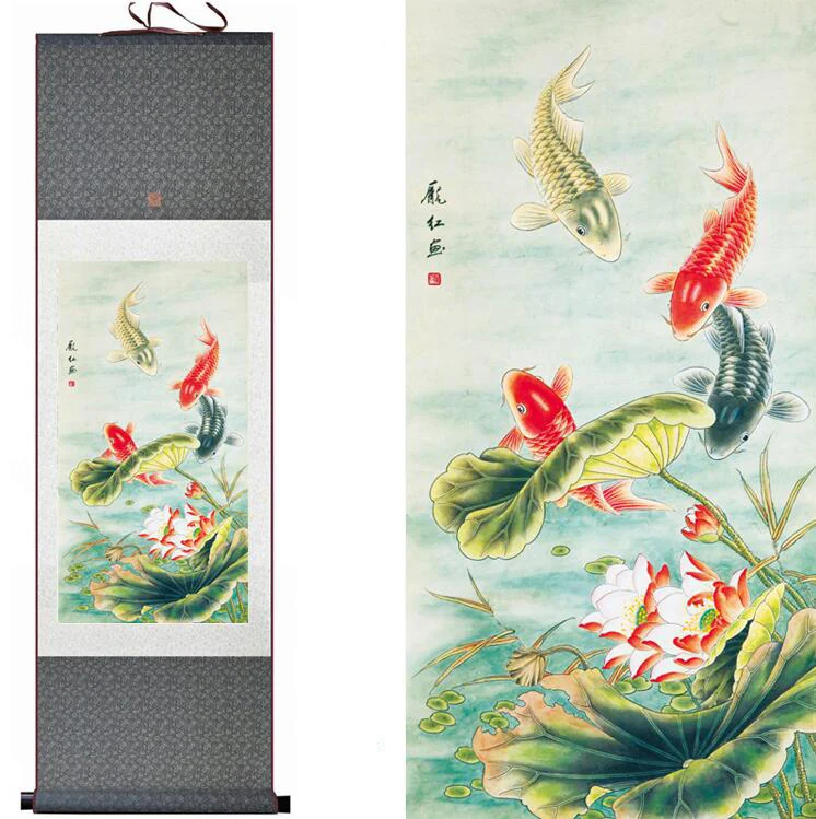 

Free shipping Fish painting Silk painting traditional art Chinese painting fish playing art painting FISH in the water