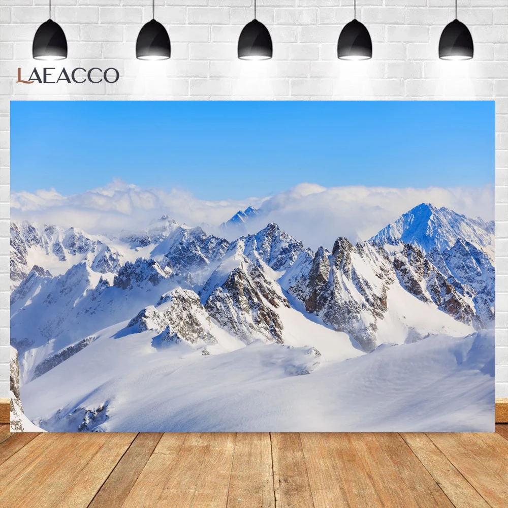 Laeacco Mountain Snow Winter Blue Sky Cloudy Natural Scenic View Photo Background Photography Backdrop Photocall Photo Studio