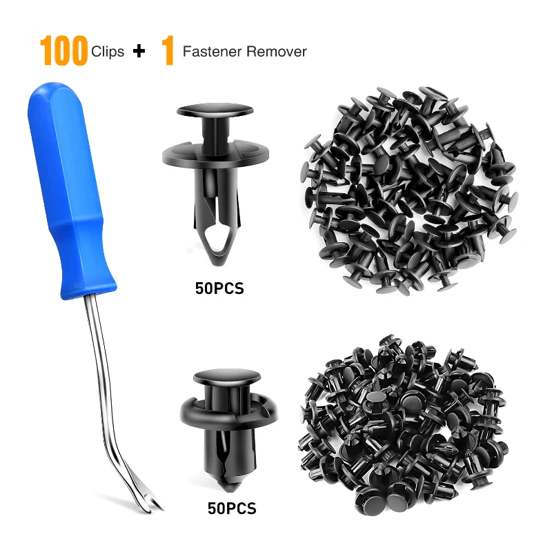 100X8mm Hole Auto Clips Car Bumper Trim Panel Plastic Rivets Front Dumper Fender Fastener Push Pin Clips+1pcs Fastener Remover A