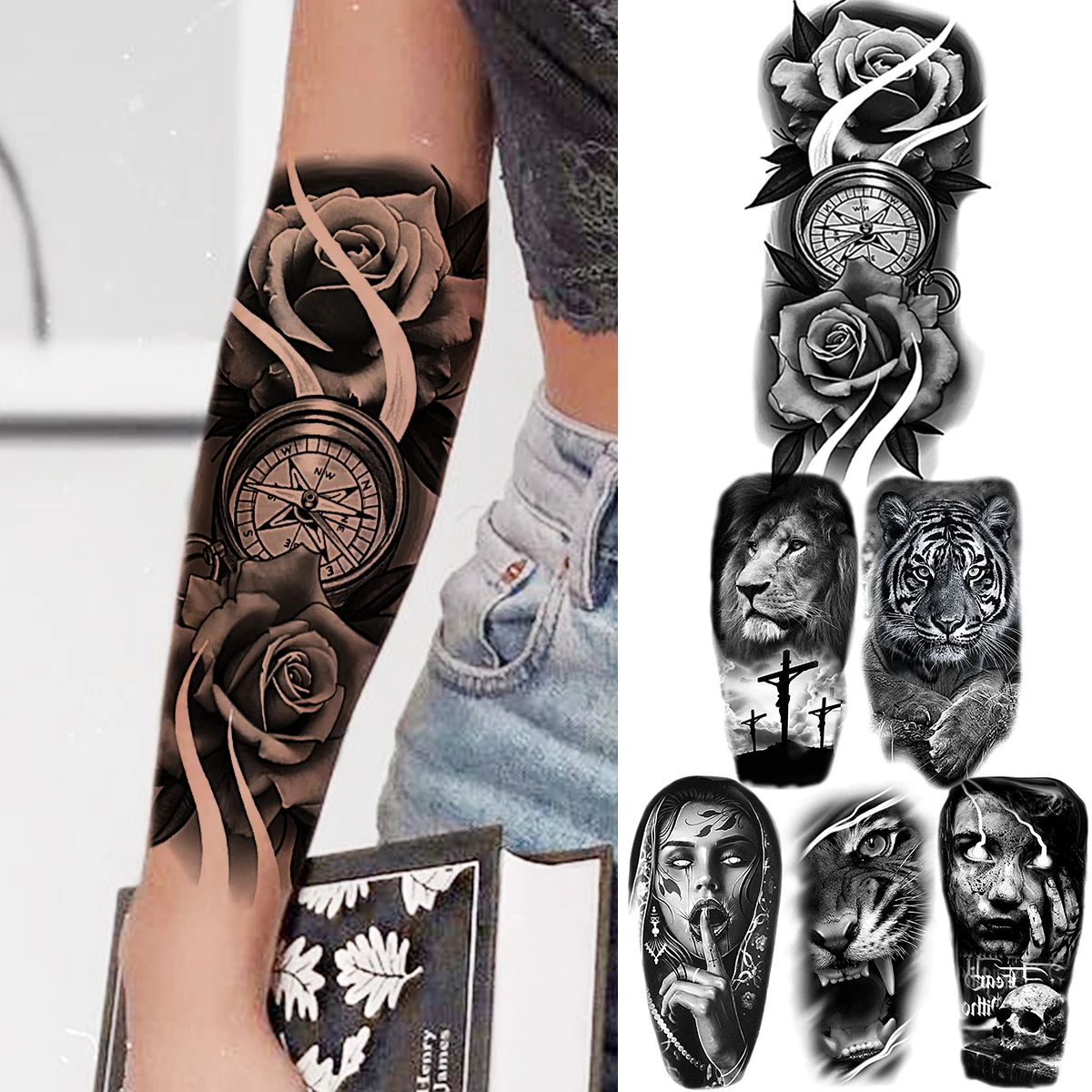 

Black Skull Forearm Compass Temporary Tattoos For Men Adult Lion Wolf Vampire Warrior Fake Tattoos Fashion Water Transfer Tatoos