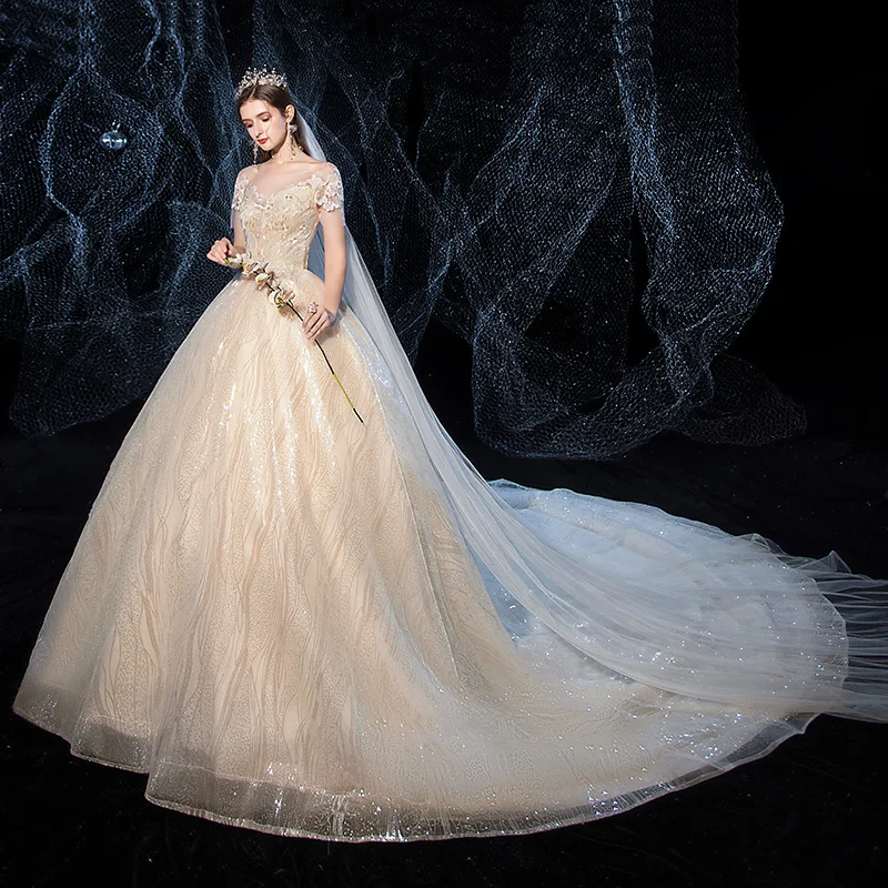 Dell'innamorato di Lusso Del Merletto Del Sequin perle musulmano India abito da sposa Abiti Da Sposa Abiti Da sposa principessa Abito Da Sposa Champagne