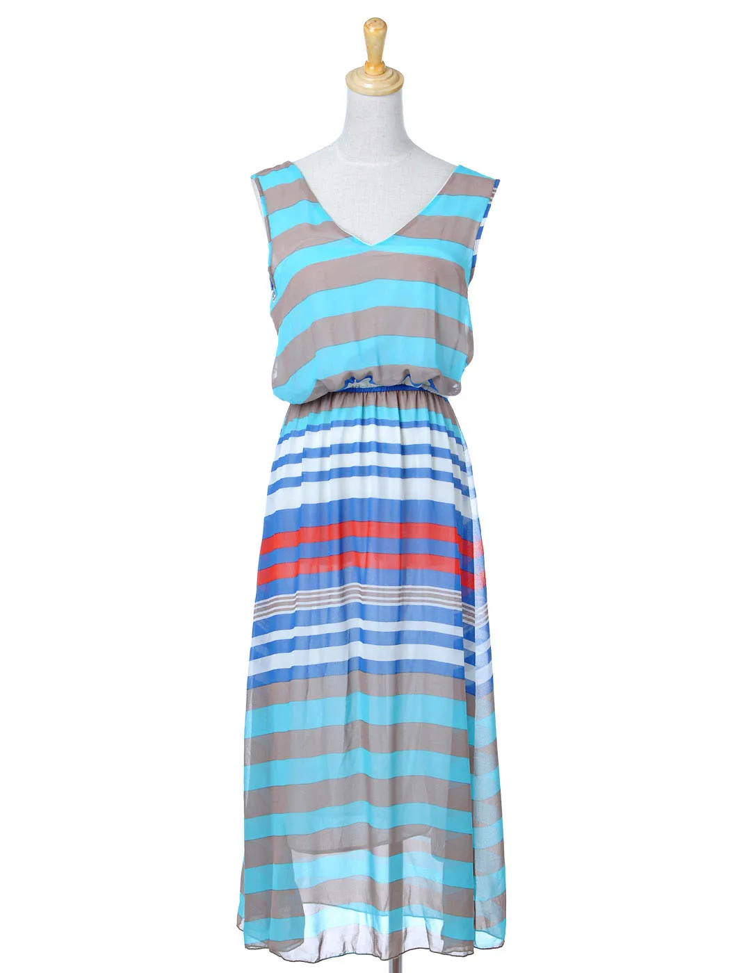 Womens Summer Beach Multicolored Stripe V Neck Cutout Back Maxi Dress Sleeveless Casual Daily Wear Women Top